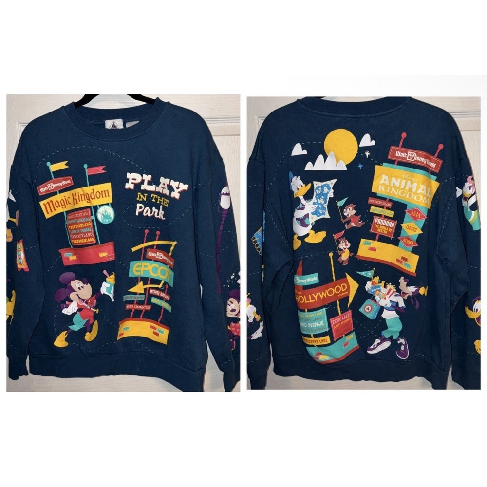 Mickey Mouse & Friends Adult L Play In The Park Sweatshirt Disney WDW Two Sided